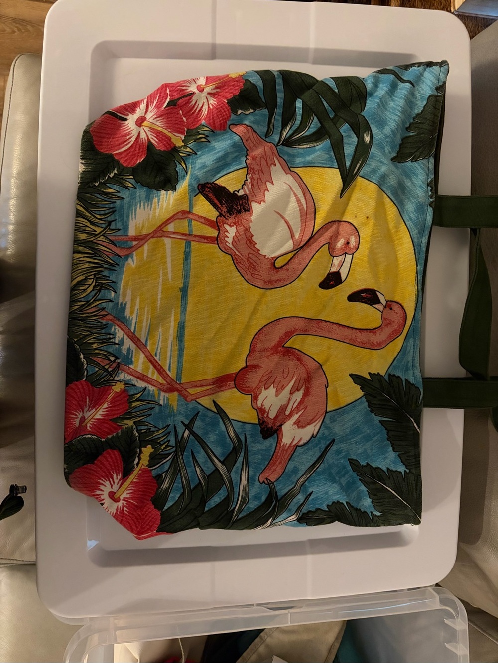 Vintage Pink Flamingo Canvas Tote with Yellow Sun & Blue Sky
